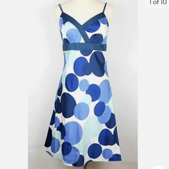 Ann Taylor A-Line White Midi Dress with Blue Circle Print Sz 6 - Picture 2 of 8